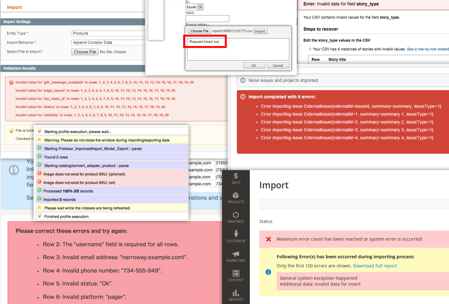 Examples of frustrating data import experiences featuring unhelpful errors.